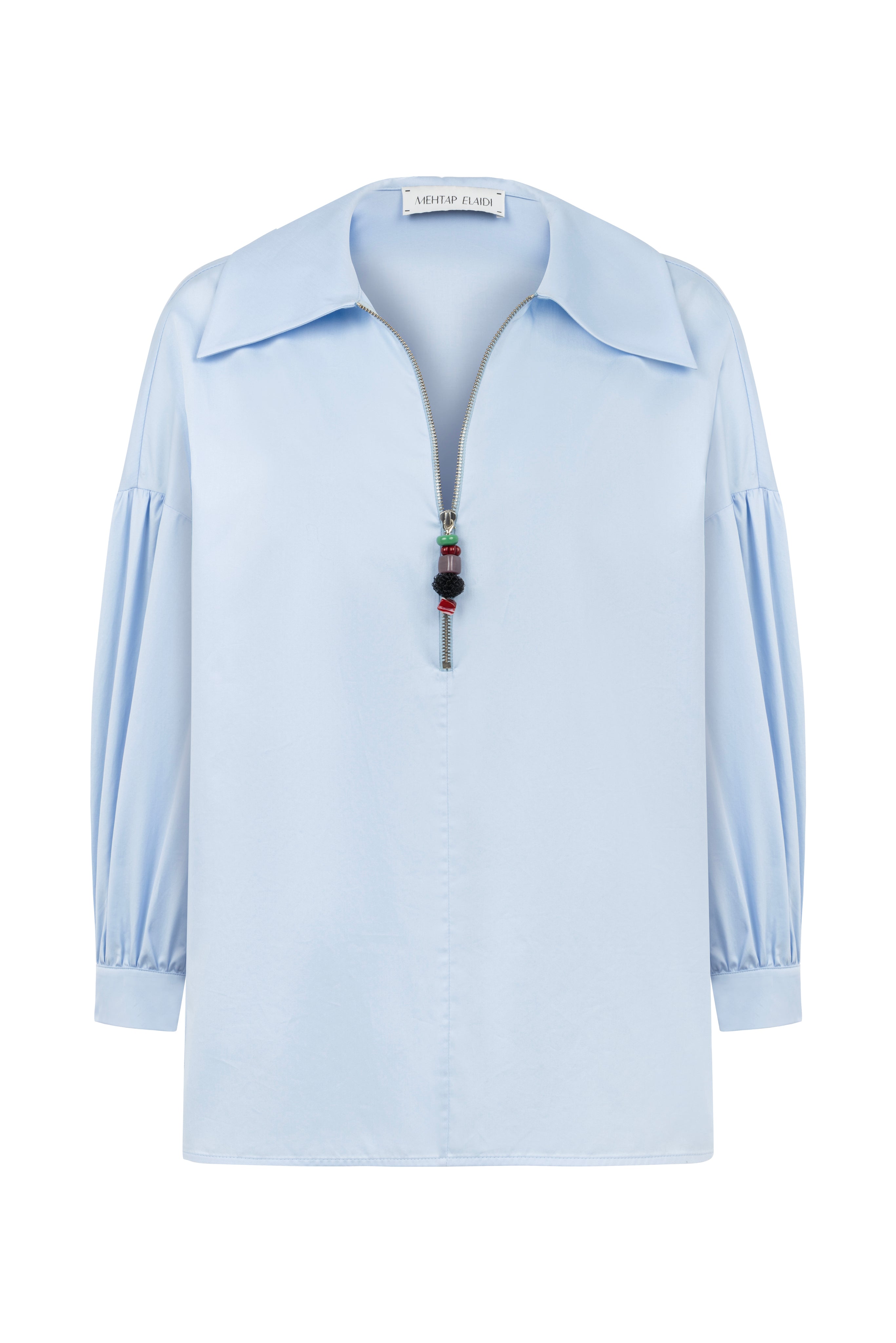 PETUNYA BLUE SHIRT WITH BEADED ZIP DETAIL