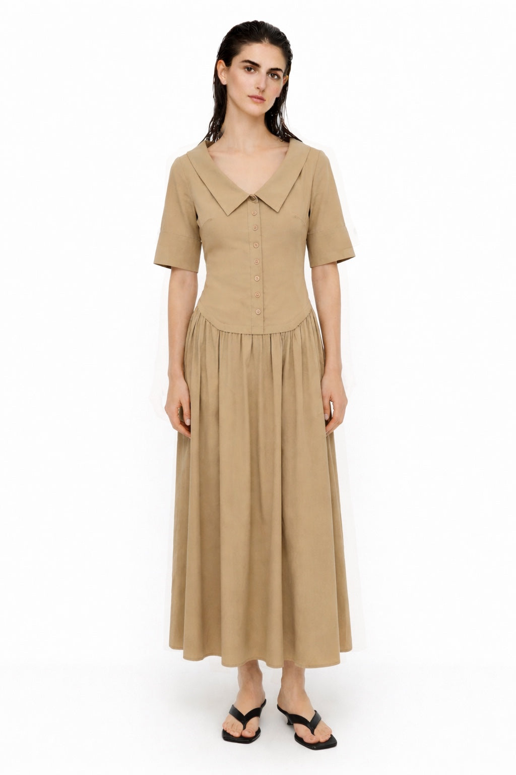 CAMEL POPLIN CORSET DETAILED DRESS – MEHTAP ELAIDI