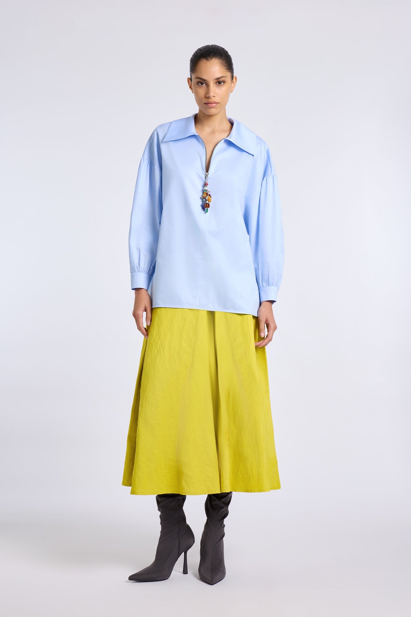 PETUNYA BLUE SHIRT WITH BEADED ZIP DETAIL