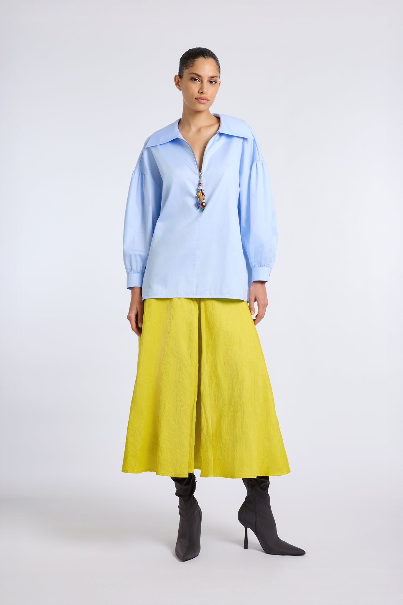 BUTTER YELLOW PETUNYA SHIRT WITH BEADED ZIP DETAIL