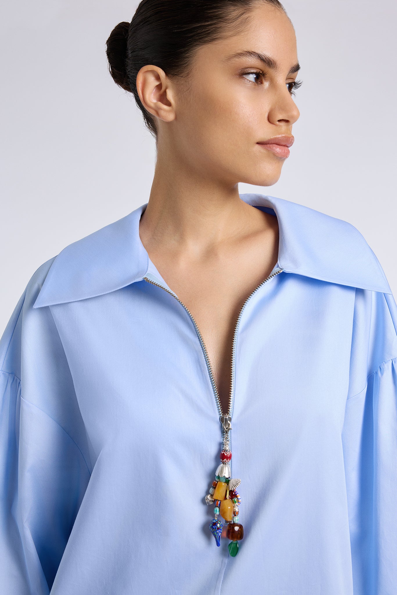 PETUNYA BLUE SHIRT WITH BEADED ZIP DETAIL