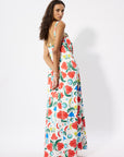 TULIP PRINTED STRAPPY DRESS WITH RATTAN BELT DETAIL