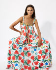 TULIP PRINTED STRAPPY DRESS WITH RATTAN BELT DETAIL