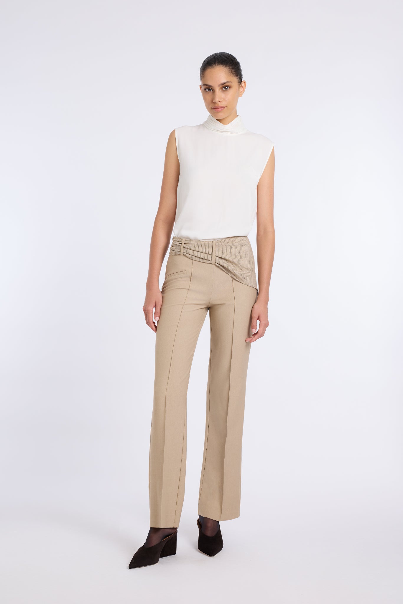 BEIGE STRIPED LALE BLOUSE WITH DRAPED NECKLINE