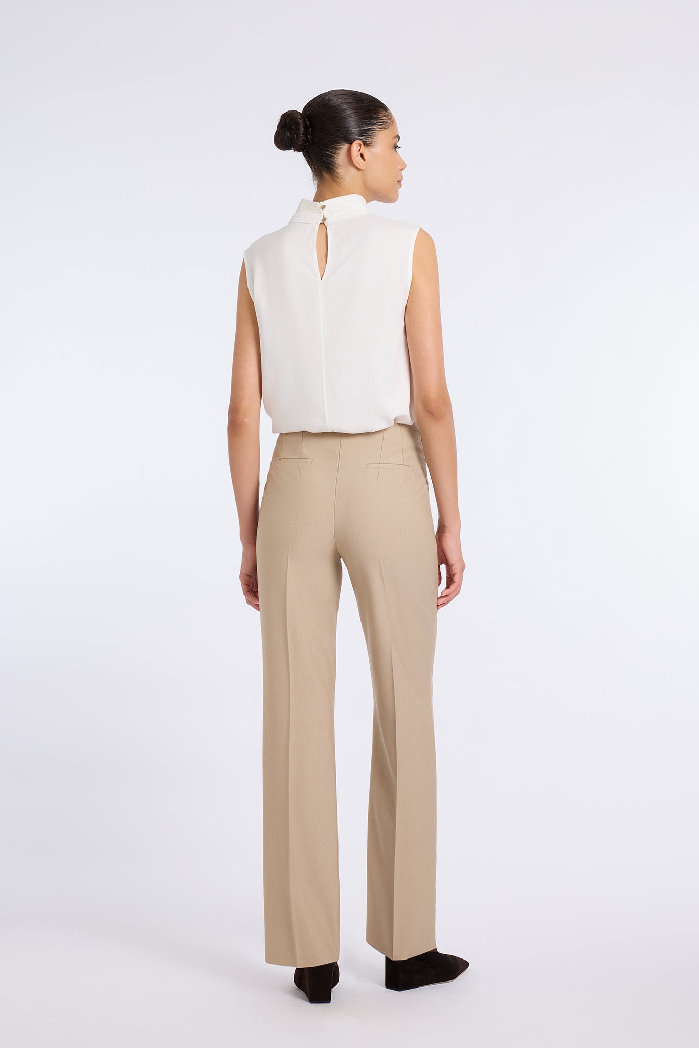 BEIGE STRIPED LALE BLOUSE WITH DRAPED NECKLINE