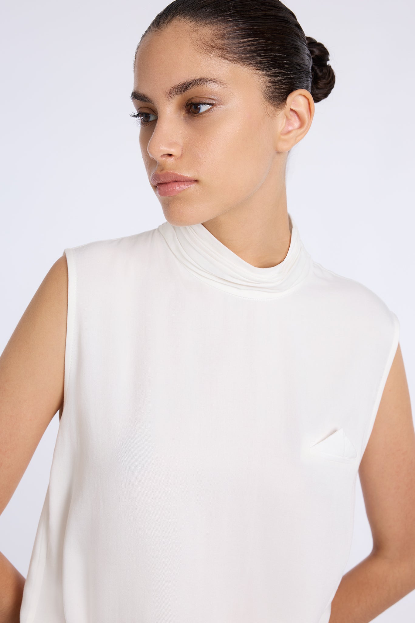 BEIGE STRIPED LALE BLOUSE WITH DRAPED NECKLINE