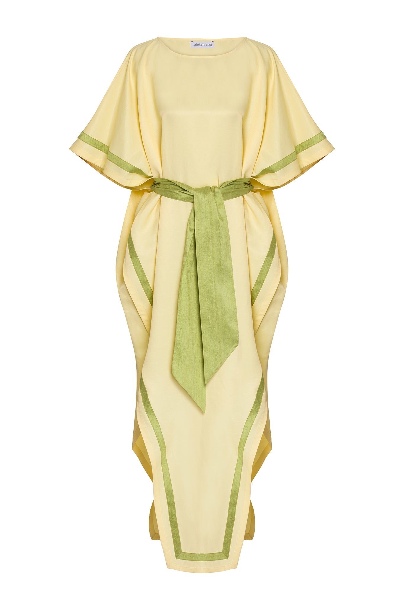 CAFTAN WITH LIME SHANTUNG PIPING AND BELT