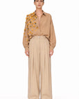 CAMEL PLEATED WIDE LEG TROUSERS