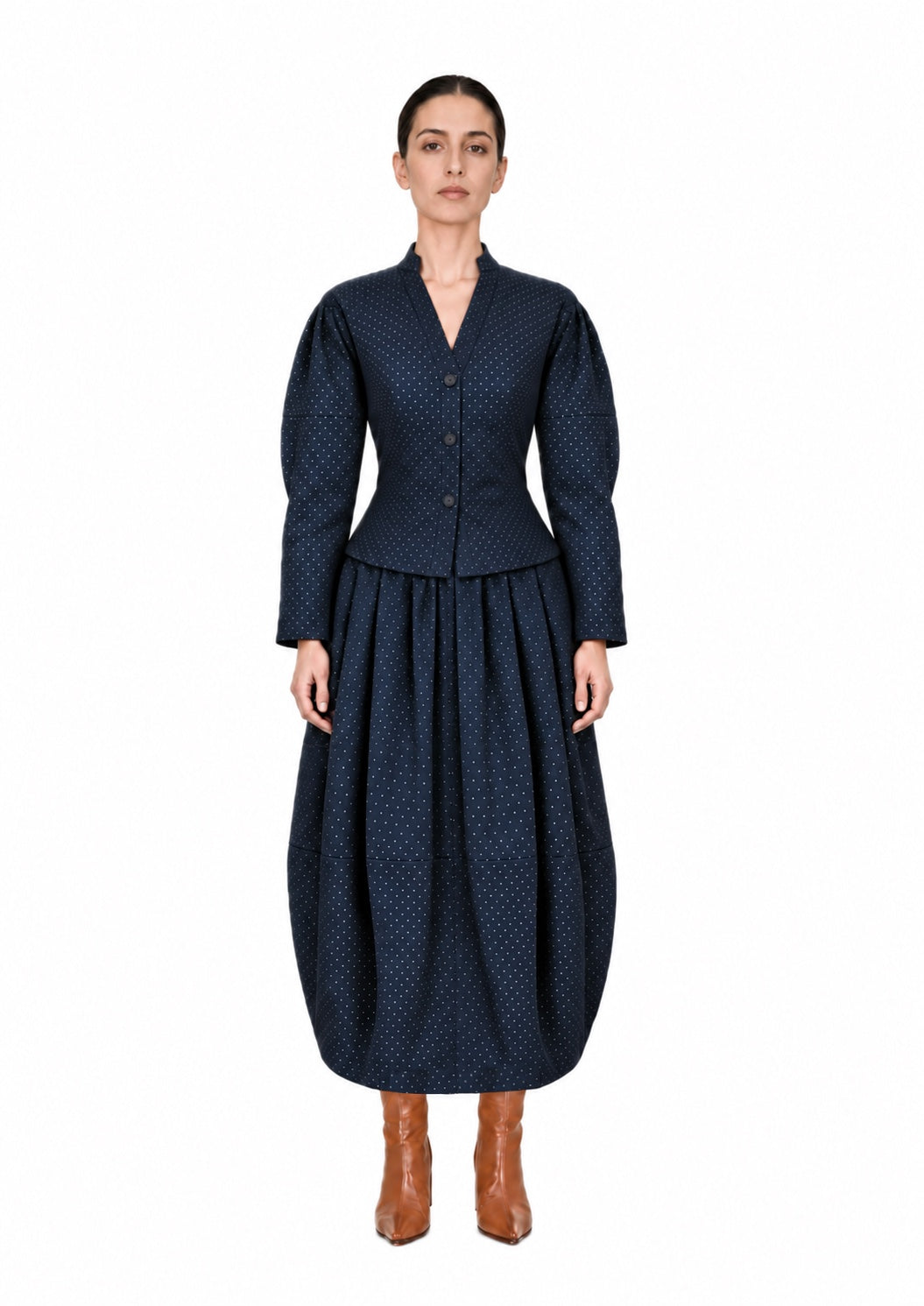 NAVY POLKA-DOT BALLOON MIDI SKIRT