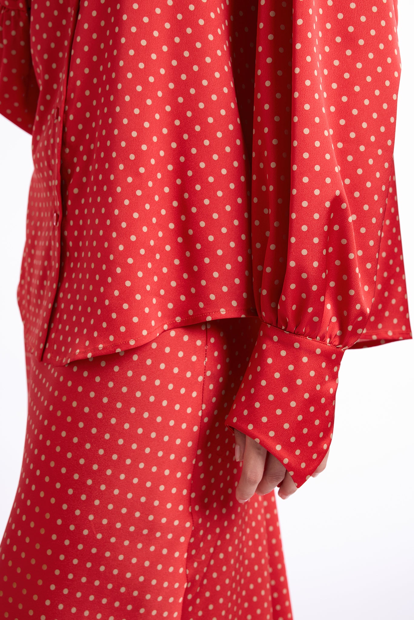 BLUE POLKA DOT BIAS-CUT MIDI SKIRT