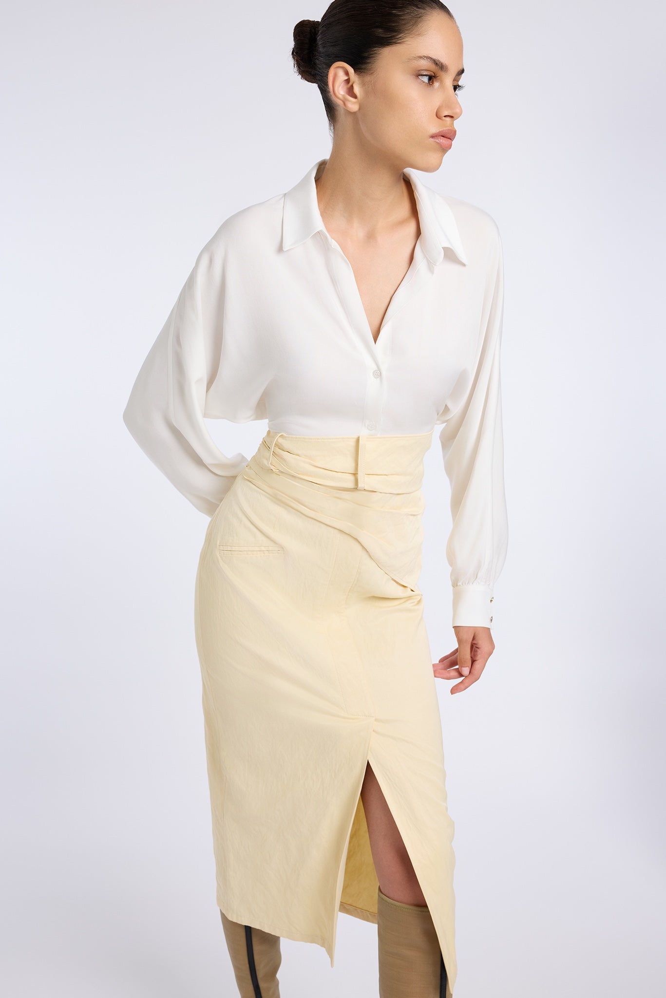SCARF DETAILED BUTTER YELLOW SKIRT