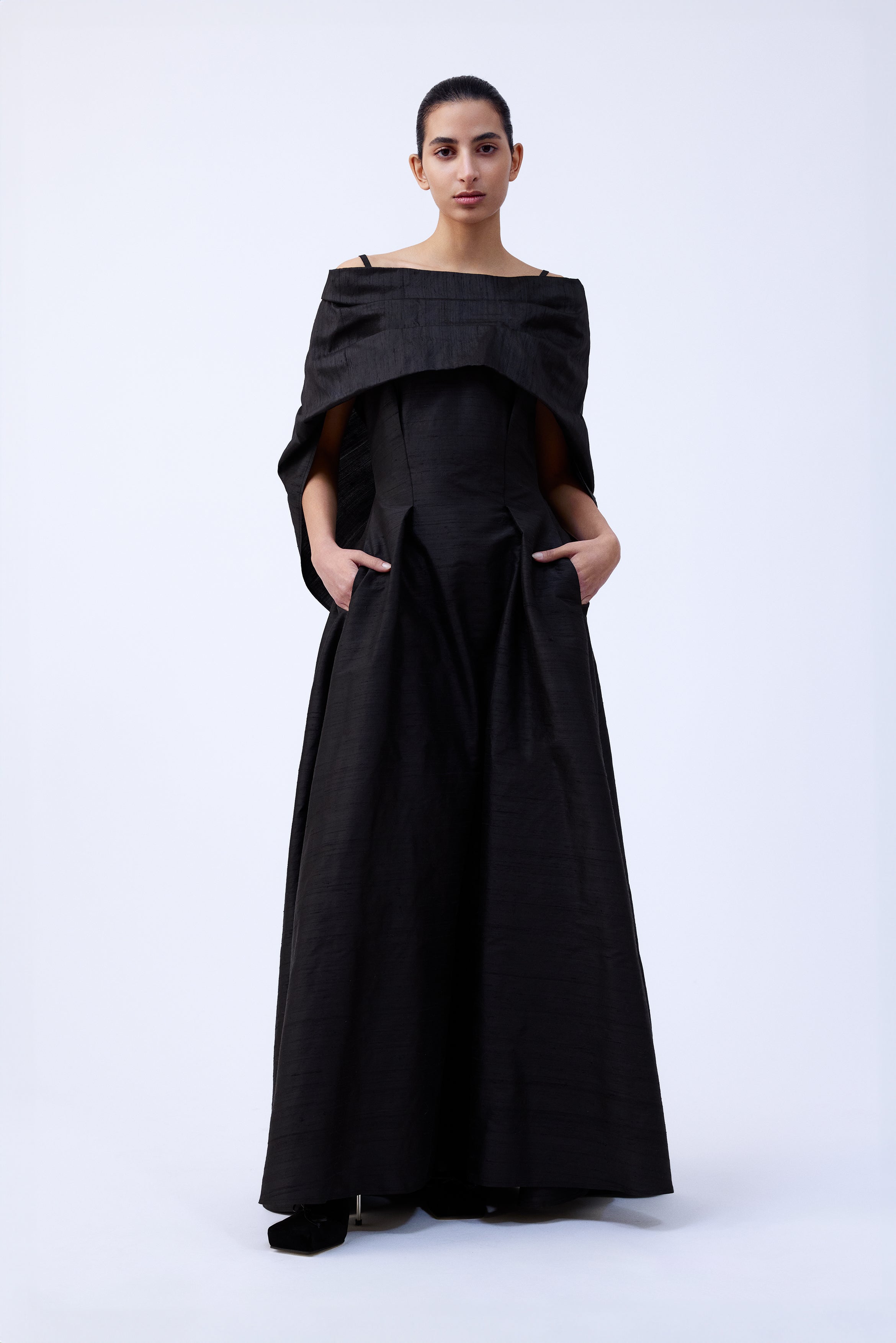 DRAPED SHAWL SHANTUNG DRESS – MEHTAP ELAIDI