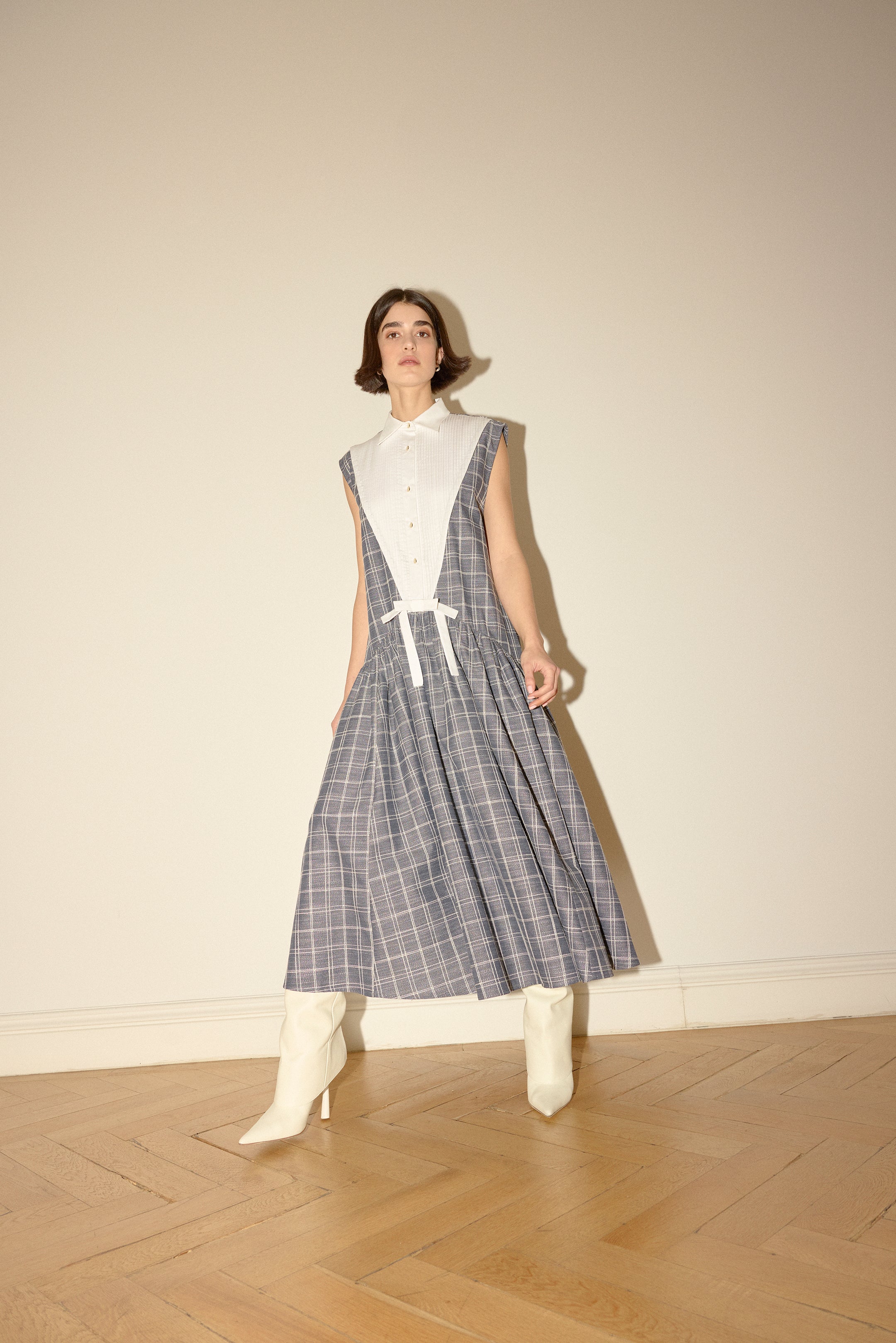 Plaid Dress with Bib and Bow