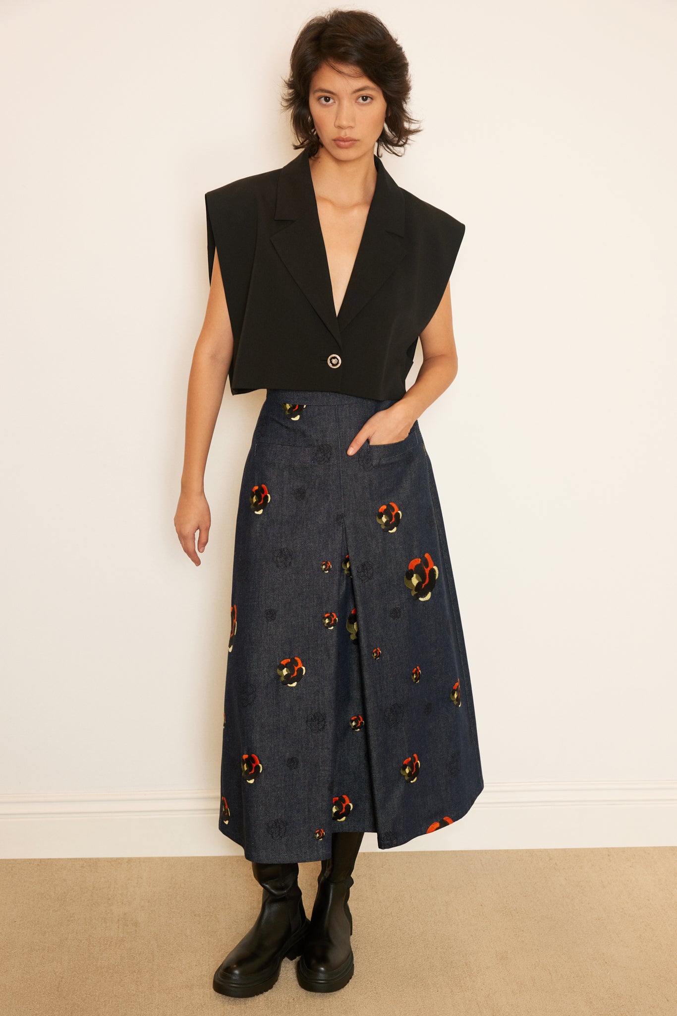 Rose Embroidered Denim Skirt