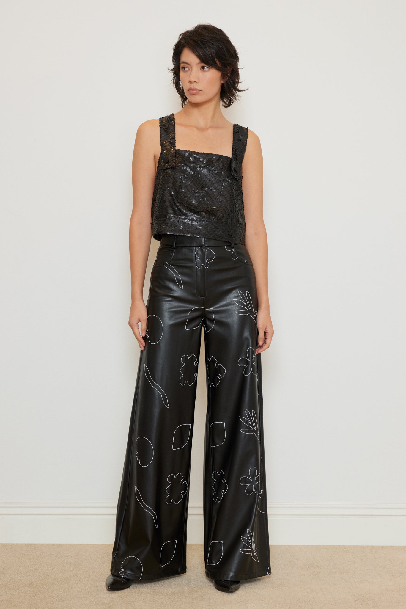Embroidered Vegan Leather Pants