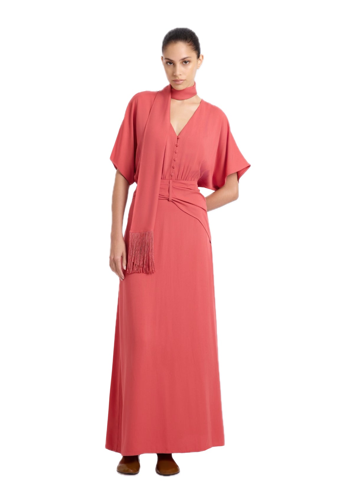 CORAL DRESS WITH SHAWL DETAIL