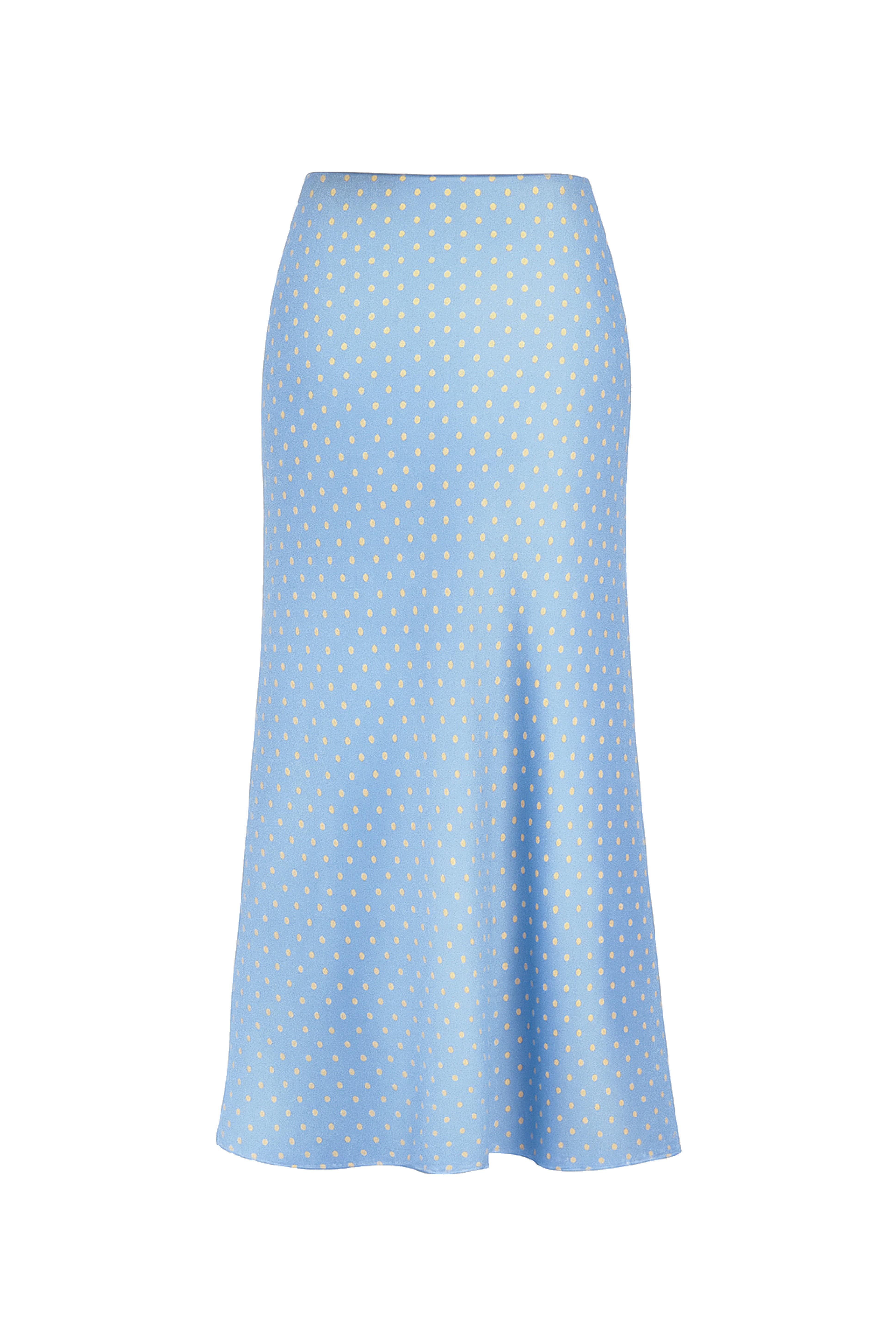 BLUE POLKA DOT BIAS-CUT MIDI SKIRT