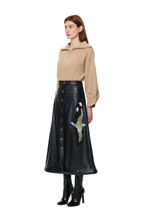 Vegan Leather Skirt with Embroidery
